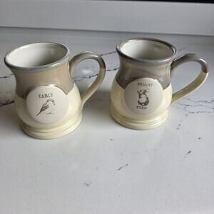 Set Of 2 Haynes Besco Coffee Mug 2021 Heavy Ceramic Tan Cream Glaze Bird Bunny